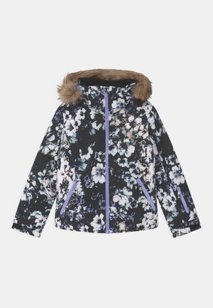 Chaqueta con estampado floral, capucha forrada de piel sintética, base negra y cremalleras lavanda. Cuenta con mangas largas y dos bolsillos laterales con cremallera.