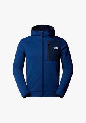 Dunkelblaue Kapuzenjacke mit Reißverschluss vorne, elastischen Bündchen und einer Brusttasche. Aus smoothen Stoff mit kontrastierenden schwarzen Akzenten.
