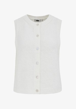Biely pletený kardigán bez rukávov s okrúhlym výstrihom a šiestimi gombíkmi vpredu, s rebrovaným a textúrovaným vzorom.