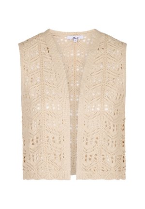 Gehaakt beige vest met een open voorkant, voorzien van een zigzagpatroon en kantachtige gaten. Zachte textuur en mouwloos ontwerp.