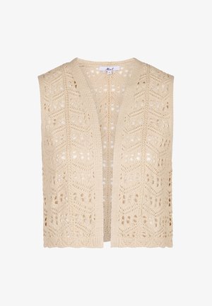 Gehaakt beige vest met een open voorkant, voorzien van een zigzagpatroon en kantachtige gaten. Zachte textuur en mouwloos ontwerp.
