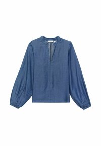 Jeansblus med en liten V-hals, långa ballongärmar och samlade manschetter. Materialet är en slät, medelblå chambraytyg.