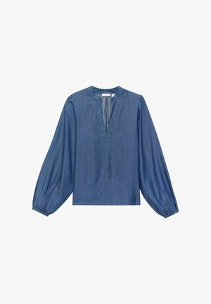 Denim blouse met een petite V-hals, lange ballonmouwen en gathered manchetten. Het materiaal is een gladde, middelblauwe chambray stof.