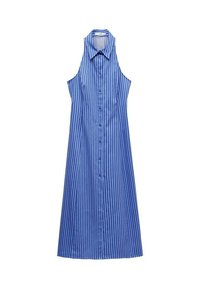 Rochie fără mâneci, cu dungi verticale albastre și albe, cu față cu nasturi, guler și siluetă dreaptă. Material ușor, cu textură netedă.