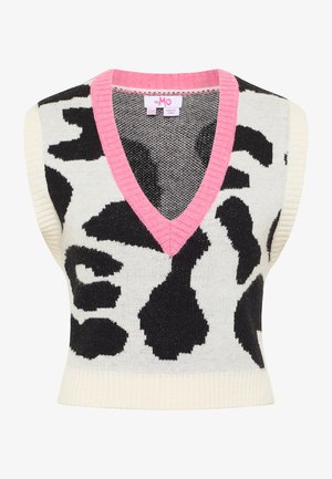 Pulover fără mâneci cu decolteu în V, model cu imprimeu de vacă alb-negru, guler rib cețos roz și textură moale tricotată. Design scurt, ajustat.
