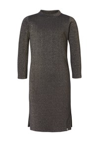 Strickkleid in Schwarz mit goldenen Akzenten, das einen hohen Ausschnitt, lange Ärmel und seitliche Schlitze für mehr Bewegungsfreiheit aufweist. Strukturiertes Material.