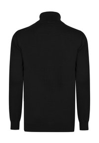 Schwarzer Rollkragenpullover mit langen Ärmeln, geripptem Ausschnitt und Bündchen, aus weichem Stoff gefertigt, mit einer glatten, gleichmäßigen Textur.