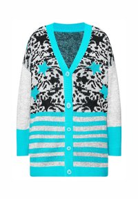 Cardigan lavorato a maglia con un motivo in bianco e nero decorato con stelle e righe blu. Design a V con rifiniture turchesi e bottoni sul davanti.