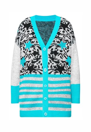 Pletený cardigan s černobílým vzorem a modrými hvězdami a pruhy. Design do V s tyrkysovými okraji a knoflíky vpředu.