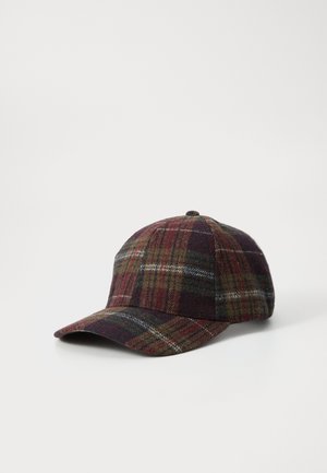 Baseball cap with curved brim in dark red, green, and brown plaid fabric on white background.