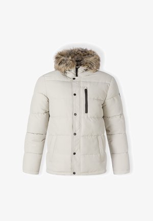 Padded jacket in light beige with a fur-lined hood, front zip closure, side pockets, and black zipper detail on chest pocket.