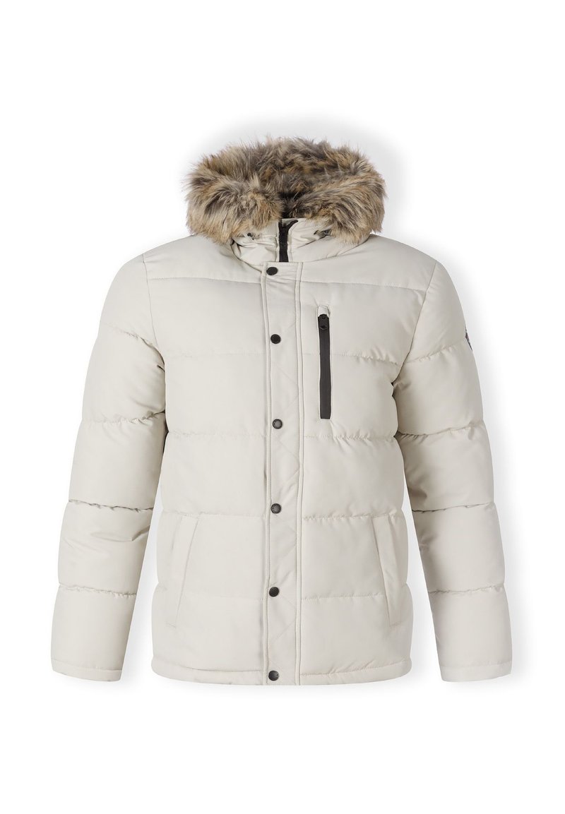 Padded jacket in light beige with a fur-lined hood, front zip closure, side pockets, and black zipper detail on chest pocket.