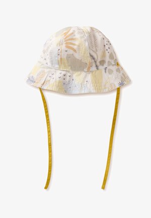 Light-colored baby sun hat with nature-themed prints, including a bear and leaves, and two mustard yellow chin straps.