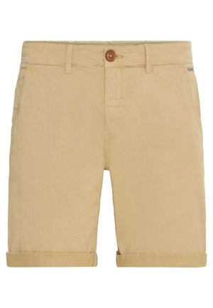 Shorts en coton beige avec fermeture à bouton, poches latérales et revers pour une coupe décontractée. Devant plat avec un discret détail de couture.