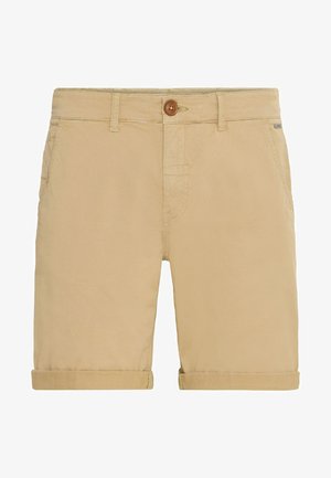 Beige bomuldsshorts med knaplukning, sidelommer og opkrøllede manchetter for en afslappet pasform. Flad front med diskret syning.