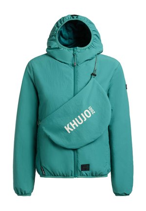 Teal hooded jacket with full zipper and matching crossbody bag printed with "KHUJO 2001" in white letters.
