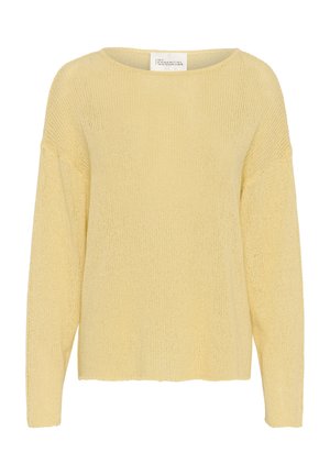 Citromsárga kötött pulóver laza fazonnal, széles nyakkivágással és hosszú ujjakkal. Jellemzője a texturált, lazán szőtt anyag és a egyenes alj.