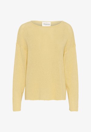 Citrinos geltonas megztinis su laisvu kirpimu, plačia iškirpte ir ilgomis rankovėmis. Pagamintas iš tekstūruotos, laisvai nertinės medžiagos ir turi tiesią apatinę dalį.