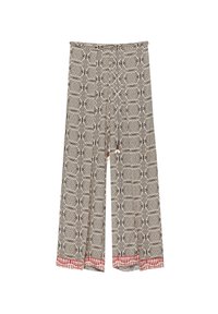 Pantalon à jambes larges à motifs beige et noir, présentant des dessins géométriques et un accent rouge à l'ourlet ; fabriqué dans un tissu léger.