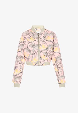 Rövidített bomber dzseki rózsaszín anyagból, szürke és sárga trópusi levélmintákkal, bordázott mandzsettákkal és gallérral, valamint elöl zipzárral.