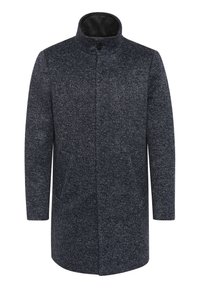 Cappotto in lana grigio scuro con un motivo testurizzato, colletto alto, chiusura frontale con bottoni e due tasche laterali, progettato per calore e comfort.