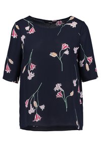 Blusa navy con maniche corte e colletto tondo, caratterizzata da un motivo floreale in rosa, rosso e giallo su un tessuto leggero.