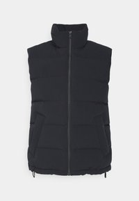 Černá péřová vesta s vysokým límcem, předním zipem a bočními kapsami. Materiál je měkký a prošívaný s hladkou texturou.