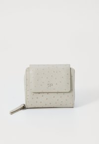 Light gray leather wallet with a textured pattern, a front flap, and a zipper closure. Features a small logo on the front.