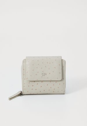 Light gray leather wallet with a textured pattern, a front flap, and a zipper closure. Features a small logo on the front.