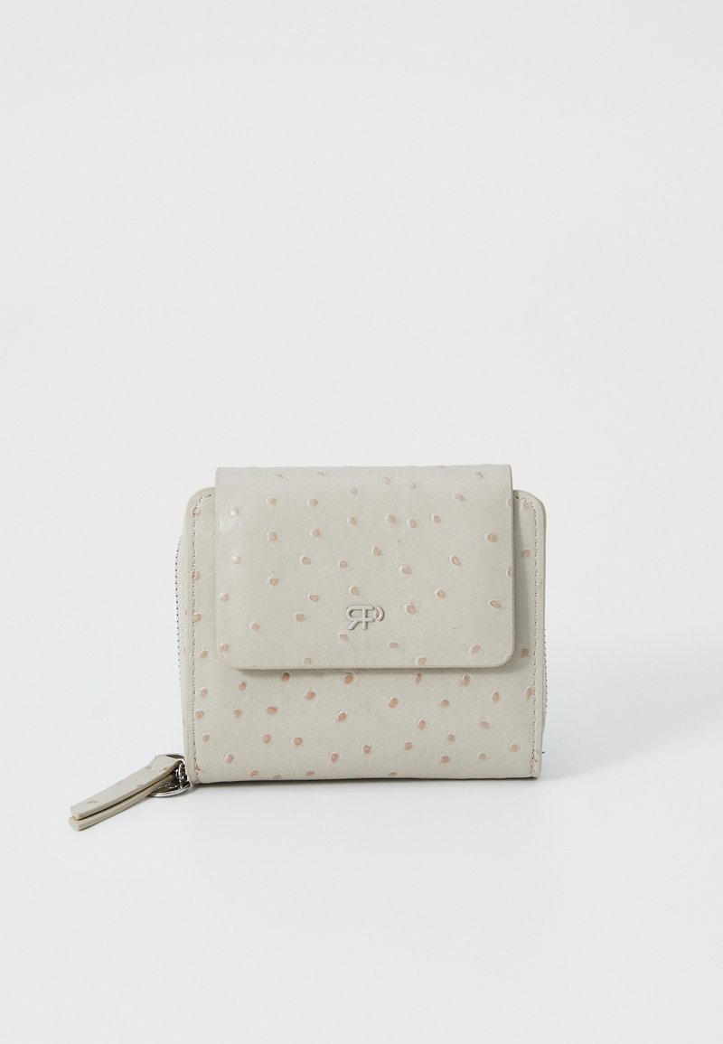 Light gray leather wallet with a textured pattern, a front flap, and a zipper closure. Features a small logo on the front.
