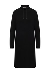 Schwarzes, langärmliges Strickkleid mit hohem Kragen und verstellbaren Kordelzügen, gerader Schnitt und mittellanger Saum mit Seitenschlitzen.