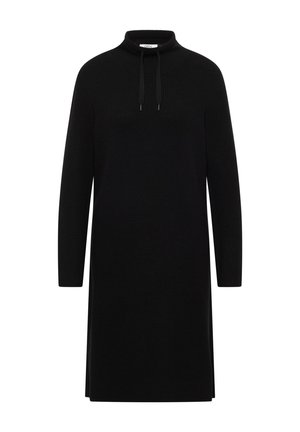 Schwarzes, langärmliges Strickkleid mit hohem Kragen und verstellbaren Kordelzügen, gerader Schnitt und mittellanger Saum mit Seitenschlitzen.