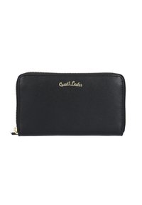 Black leather wallet with a textured finish, gold "Gusti Leder" logo, zippered closure, and streamlined rectangular shape.