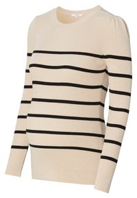Beige gerippter Pullover mit schwarzen horizontalen Streifen, Rundhalsausschnitt, langen Ärmeln und einer taillierten Silhouette, entworfen für die Schwangerschaftsmode.