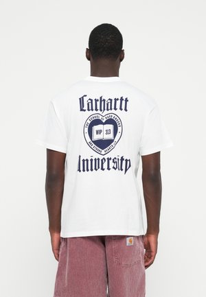White cotton t-shirt featuring a large navy blue graphic on the back with "Carhartt University" and additional text in a bold font.