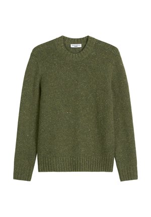 Olijfgroene gebreide trui met een ronde hals, geribde manchetten en onderrand, met een textuurpatroon met spikkels in geel en wit.
