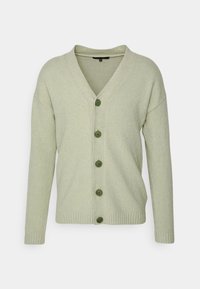 Světle zelený cardigan vyrobený z pleteného materiálu, s výstřihem do V, dlouhými rukávy a šesti tmavě zelenými knoflíky vpředu. Texturované detaily po celém povrchu.