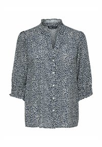 Blouse bleu foncé avec un motif léopard, présentant un col, un devant boutonné et des manches 3/4 avec des poignets froncés.