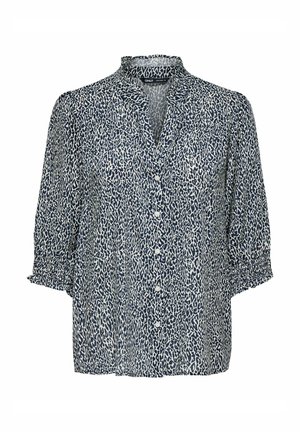 Dark blue blouse with a leopard print pattern, featuring a collared neckline, button front, and 3/4 length sleeves with gathered cuffs.