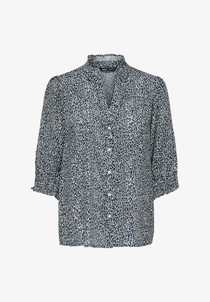 Blouse bleu foncé avec un motif léopard, présentant un col, un devant boutonné et des manches 3/4 avec des poignets froncés.