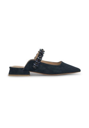 Dark navy suede slingback shoe with a pointed toe, low block heel, and embellished strap featuring decorative blue stones.
