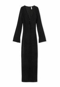 Schwarzes langärmliges Kleid mit V-Ausschnitt, strukturiertem Stoff und einem Reißverschluss auf der Rückseite. Verfügt über seitliche Schlitze an den Manschetten für mehr Bewegungsfreiheit.