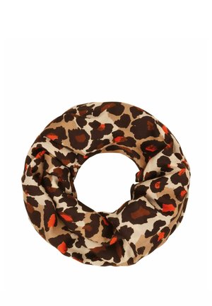 Circular fabric scarf with a leopard print pattern in brown, beige, black, and red colors on a white background.