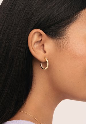 Pendiente de aro dorado con un diseño texturizado y acentos brillantes, exhibido en la oreja de un modelo, destacando su forma circular y superficie reflectante.