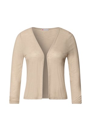 Beige kardigan s dlouhým rukávem a výstřihem do V, texturovaná tkanina, otevřený přední design a přiléhavé rukávy. Výrobní štítek viditelný uvnitř výstřihu.