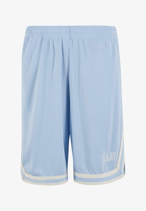 Jasnoniebieskie spodenki sportowe wykonane z siateczkowego materiału. Posiadają białe akcenty oraz haftowany logo "KANI" w białym kolorze na dolnej części prawej nogawki.