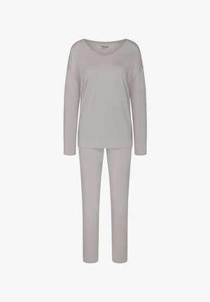 Jasnoszara piżama składająca się z długiego rękawa topu z okrągłym dekoltem i koronkowymi akcentami, w zestawie z dopasowanymi spodniami dla swobodnego wyglądu.