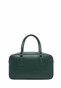 Borsa a mano in pelle verde scuro con doppi manici arrotondati e dettagli in tonalità oro, di forma rettangolare, su sfondo bianco uniforme.