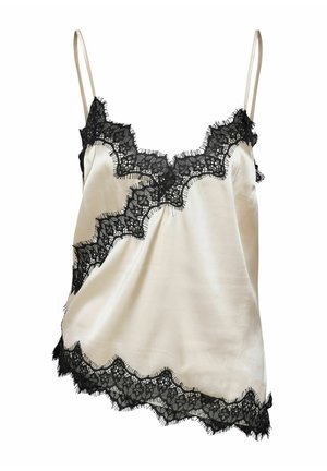 Kreemjas satiinist kamisol õhukeste rihmadega, kaunistatud musta lillelise pitsi lainelise äärega kaelusel, esi- ja ääreserval.