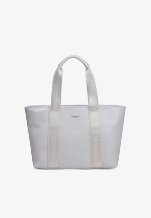 Witte leren handtas met textuur, brede stoffen handvatten met het reliëf "DIANA&CO" en een klein logo "DIANA&CO FIRENZE" aan de voorkant.